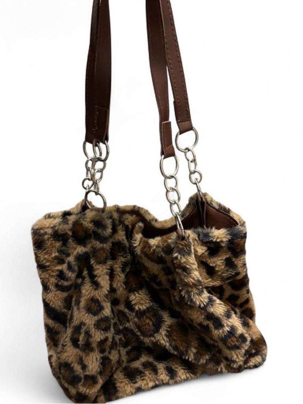 Leopard Print Faux Fur Shoulder Bag Slouchy Y2K Statement Purse Brown